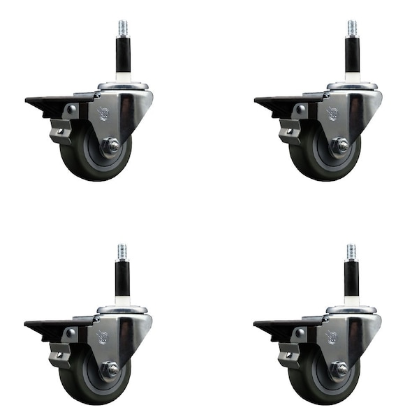 3'' Gray Poly Swivel 7/8'' Expanding Stem Caster Set with Brake, 4PK
